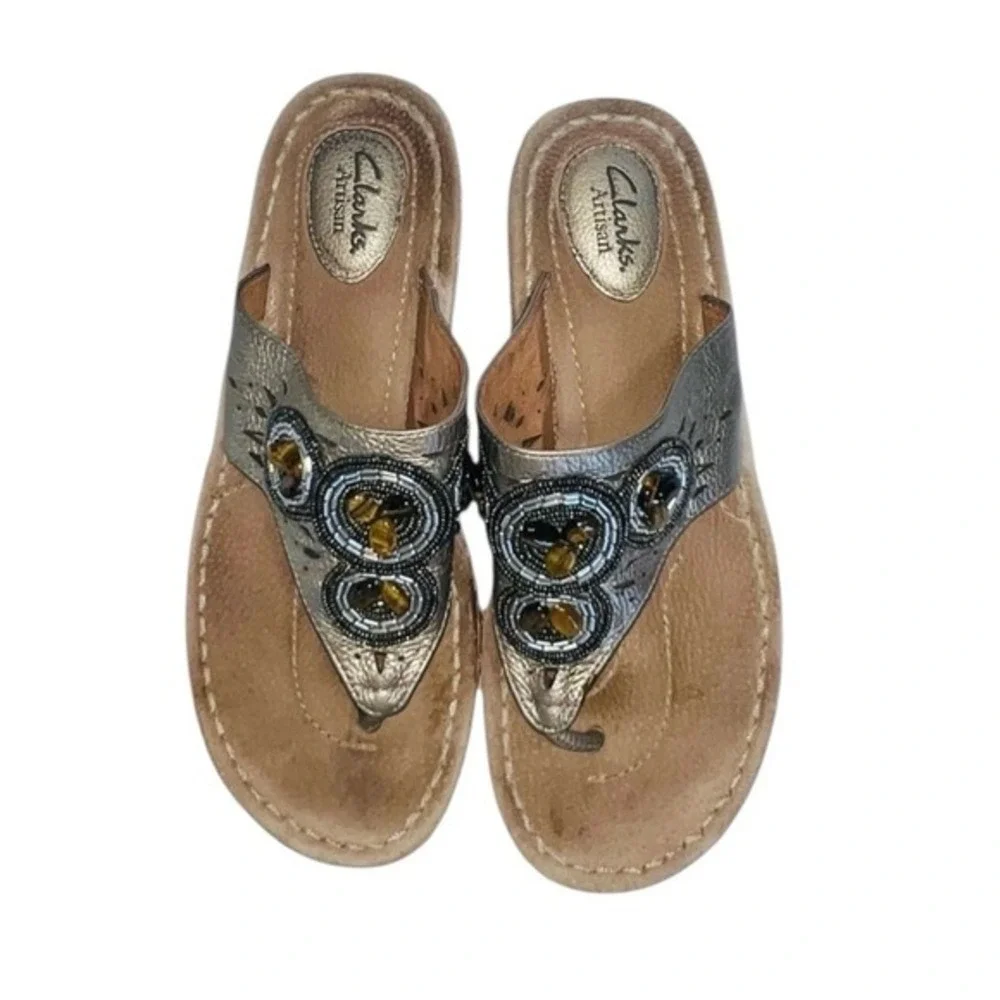 4/$40 Clarks‎ Brown & Black Decorative Elements Leather Thong Flip-flop Sandals
